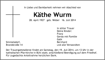 Traueranzeige von Käthe Wurm von Pegnitz-Zeitung